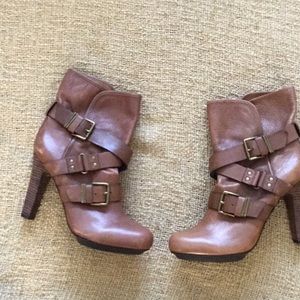DKNYC Booties-  tan distressed leather, heeled.